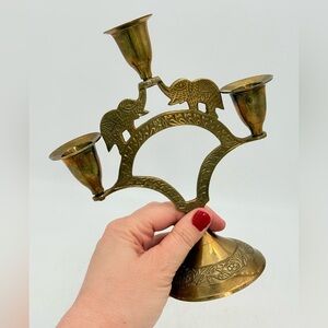 Vintage Brass Elephant 3-Arm Candelabra | Cut-Work Design | Candle Holder